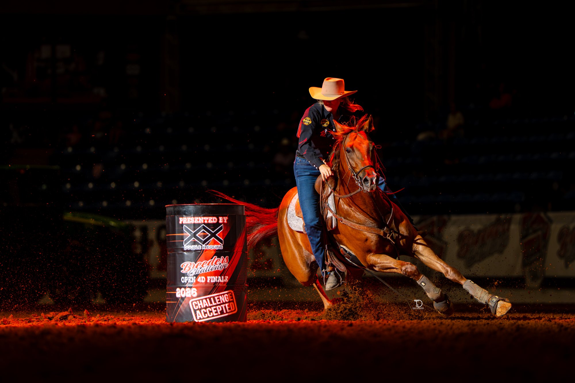 Blanche Schaefer barrel racing at the Breeders Challenge, photographed by Traci Davenport