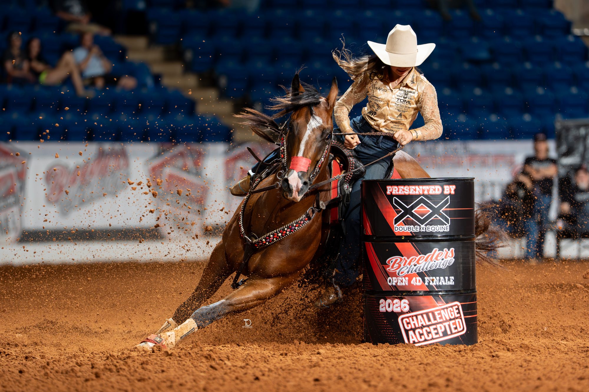 Dusky Lynn Hall barrel racing at the Breeders Challenge, photographed by Traci Davenport