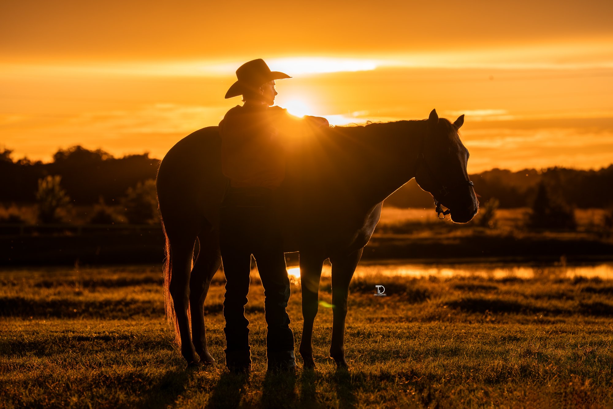 Silhouette of a cowgirl and her horse at golden-hour sunset, photographed by Traci Davenport